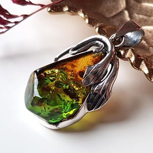 Green, faceted Baltic amber pendant, Amber sterling silver drop pendant, Baltic amber jewelry, Amber gift, Pendant with green Baltic amber