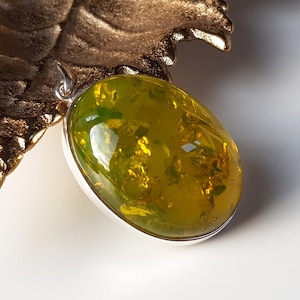 Large, green-golden Baltic amber pendant with sparkles, Natural amber sterling silver pendant, Baltic amber jewelry,  Green amber pendant
