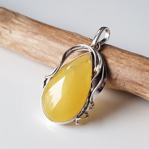 Egg-Yolk Baltic Amber Pendant, Yellow Amber With Calla Lily Silver Setting, Amber Drop Pendant, Amber Jewelry, Amber Gift For Her