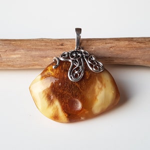 Huge, raw Baltic amber pendant, Honey-white amber and sterling silver pendant, Baltic amber jewelry, Raw amber pendant, Large amber pendant
