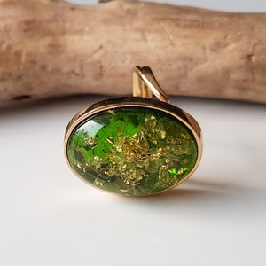 Gold-plated ring with shiny green Baltic amber, Statement amber ring, Vibrant green amber ring, Green Baltic amber jewelry with glitters image 10