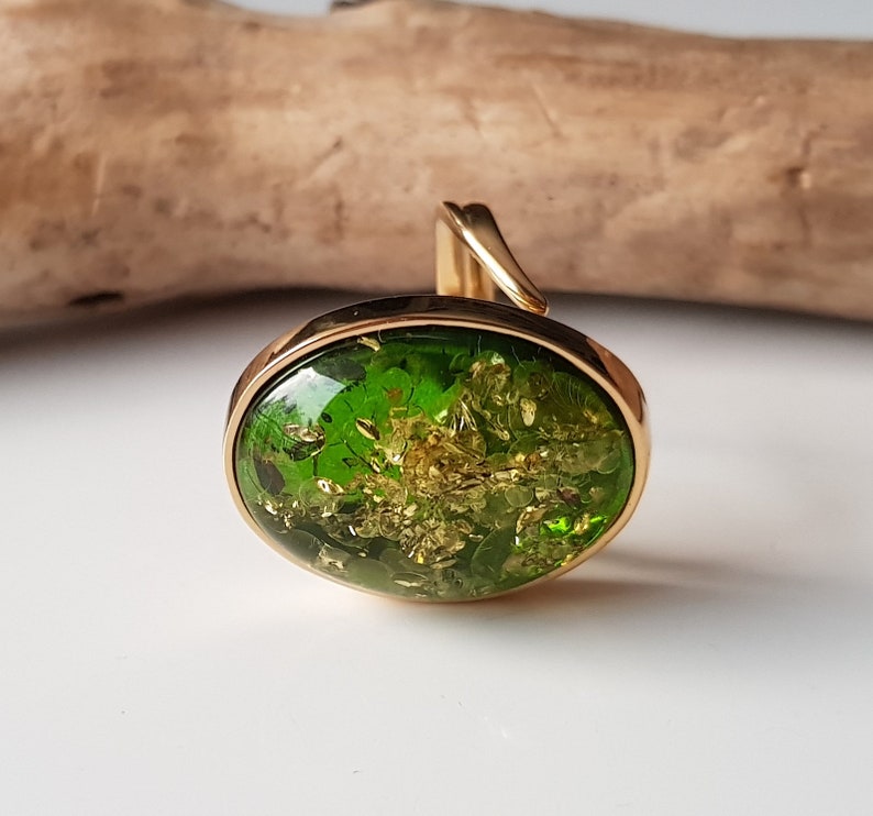 Gold-plated ring with shiny green Baltic amber, Statement amber ring, Vibrant green amber ring, Green Baltic amber jewelry with glitters image 10