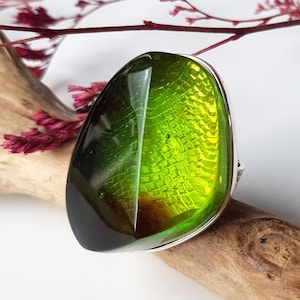 Huge, green amber ring, Large, faceted Baltic amber and sterling silver ring, Shiny green amber jewelry, Adjustable ring with green amber