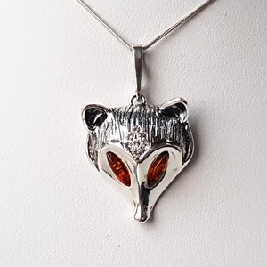 Amber Fox Pendant, Baltic Amber And Sterling Silver Fox&#39;s Head Pendant, Amber Jewelry, Cognac Amber Fox Pendant, Fox Lovers Jewellery