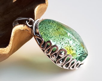 Natural, blue-green Baltic amber pendant, Huge amber and sterling silver pendant
