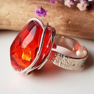 Exquisite, red Baltic amber ring, Faceted amber and sterling silver 925 adjustable ring