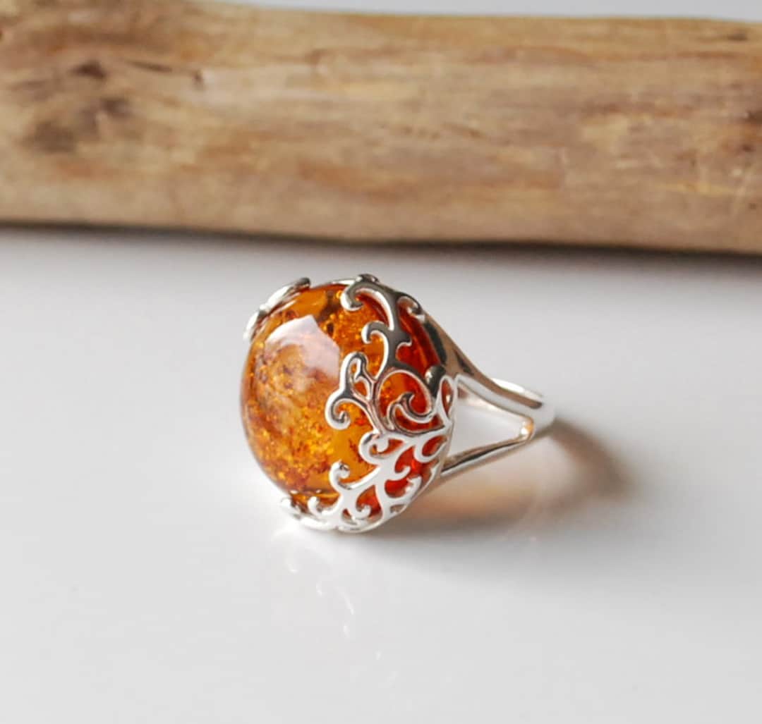Cognac Amber Ring, Natural Baltic Amber Ring, Amber and Sterling Silver ...