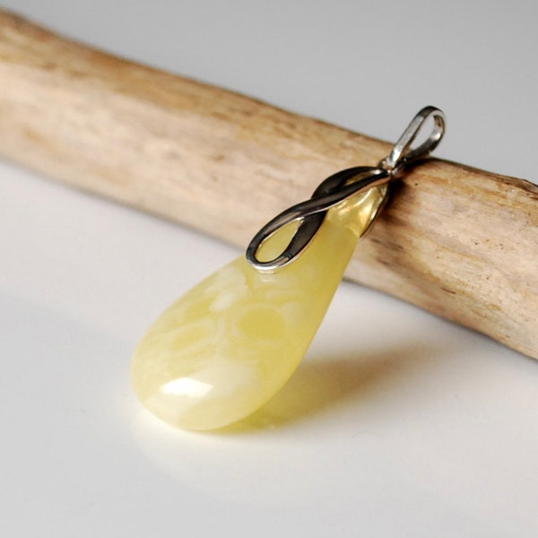 Natural Baltic amber pendant, White-yellow amber pendant, Amber and sterling silver pendant, Amber jewelry for her, Natural amber stone