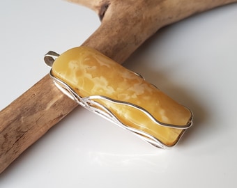 Unique, Butterscotch Baltic Amber Drop Pendant, Untreated Amber Pendant, Large Amber Drop Pendant, Yellow Amber And Sterling Silver Pendant