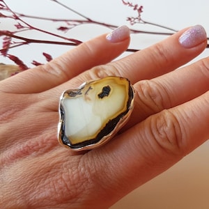 Unique, white and black Baltic amber and sterling silver ring, Natural amber ring, Amber jewelry, Silver ring with white and black amber