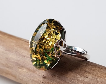 Green Baltic amber ring, Natural amber and sterling silver ring, Adjustable amber ring, Green amber ring with gold sparkles, Ring with amber