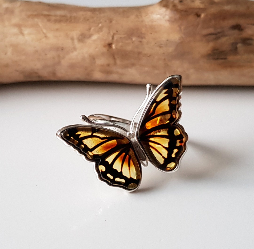 Handcrafted Baltic Amber Monarch Butterfly Ring