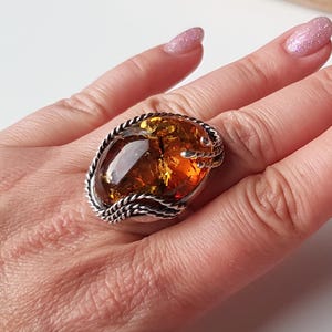 Beautiful, cognac Baltic amber ring, Solid amber and sterling silver ring, Elegant amber ring, Fiery amber ring, Silver ring with amber