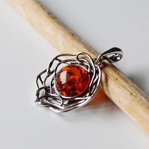 Dark cognac amber pendant, Natural amber jewelry, Amber and silver pendant, Brown amber pendant, Amber and sterling silver pendant