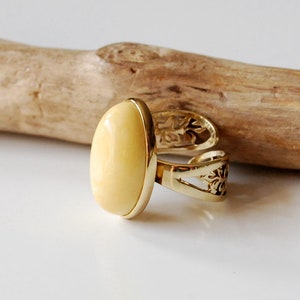Yellow Baltic Amber And Gold-Plated Sterling Silver Adjustable Ring, Egg Yolk Amber Ring, Solid Amber Ring, Amber Jewelry, Statement Ring