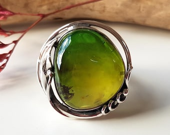 Vivid green Baltic amber ring with 925 sterling silver, Large, adjusrtable statement amber ring