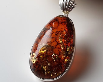 Echter Bernstein Anhänger, Natürlicher, braun-goldener Bernstein und Sterling Silber Anhänger, Glänzender baltischer Bernstein Anhänger, Bernsteinschmuck, Bernstein mit Schuppen