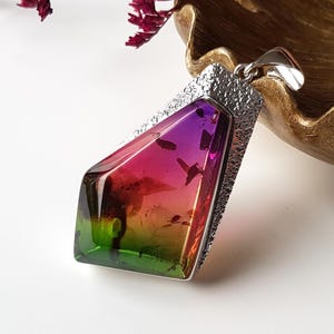 Exclusive, three-tone Baltic amber pendant, Huge amber and sterling silver pendant, Baltic amber jewelry, Pink-purple-green  amber pendant
