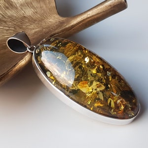 52,8 g Huge, green-gold amber pendant, Large Baltic amber pendant, Amber and sterling silver pendant, Extremely shiny genuine amber pendant