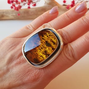 Very unique Baltic amber stone ring, Massive amber ring, Statement ring, Original Baltic amber color, Huge ring with golden-brown amber