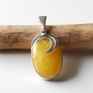 Baltic Amber Pendant, Untreated Egg Yolk Amber Pendant, Pendant With Yellow Amber, Amber And Sterling Silver Oval Shaped Pendant, Amber Drop