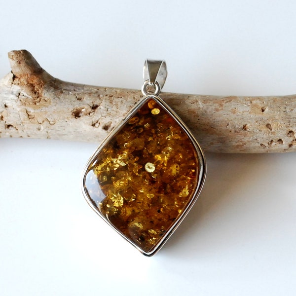 Natural Green Baltic amber pendant, Gold-green amber sterling silver pendant, Baltic amber jewelry, Amber gift, Natural Amber Pendant