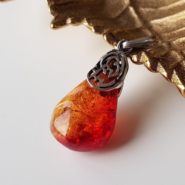 Red-golden Baltic amber pendant, Natural amber and sterling silver pendant, Red-gold Baltic amber jewelry, Baltic amber drop pendant