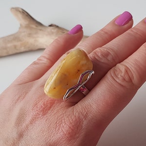 Huge Baltic amber ring, Yellow amber ring, Amber and sterling silver ring, Amber jewelry,  Gemstone ring, Modern amber ring