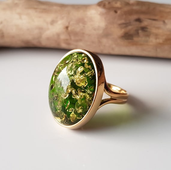 Gold-plated ring with shiny green Baltic amber, Statement amber ring, Vibrant green amber ring, Green Baltic amber jewelry with glitters