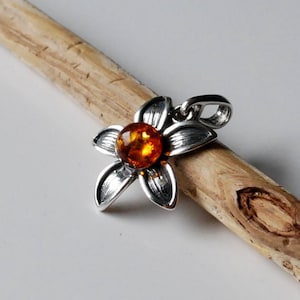 Natural Cognac Baltic Amber Flower Pendant, Amber And Sterling Silver Pendant, Genuine Amber Jewelry, Amber Gift, Amber Flower Pendant