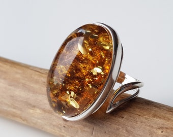 Énorme, or ambre de la Baltique et bague en argent, bague en ambre naturel, bague réglable en ambre, bijoux en ambre de la Baltique, bague avec ambre véritable