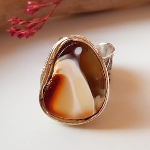 Splendid, artistic amber ring, Baltic amber ring, Amber, sterling silver and gold-plated silver ring, Natural amber ring in rare color
