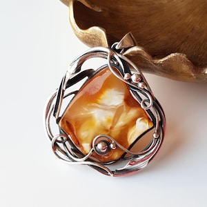 One of a kind amber Baltic pendant, Huge amber pendant, White-butterscotch amber pendant, Large amber and sterling silver pendant