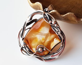 Pingente de âmbar do Báltico exclusivo, Pingente de âmbar enorme, Pingente de âmbar branco-butterscotch, Pingente grande de âmbar e prata esterlina