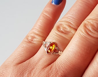 Tiny Amber Ring, Delicate Baltic Amber Ring, Amber And Sterling Silver Ring, Baltic Amber Jewelry, Amber Gift, Cognac Amber Ring