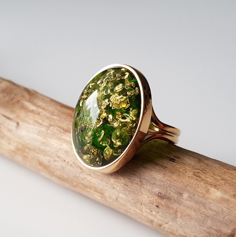 Gold-plated ring with shiny green Baltic amber, Statement amber ring, Vibrant green amber ring, Green Baltic amber jewelry with glitters image 4