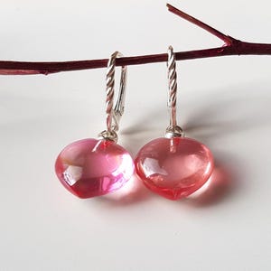 Pink Baltic amber and sterling silver heart earrings, Amber dangle earrings, Small amber heart earrings, Bright Baltic amber earrings