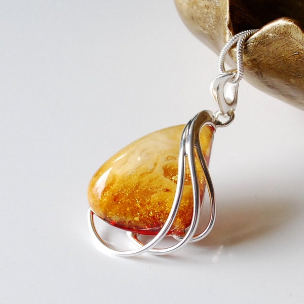 Yellow-red Baltic amber pendant, Stunning Baltic amber pendant, Red and yellow amber and silver pendant, Natural Baltic amber jewellery