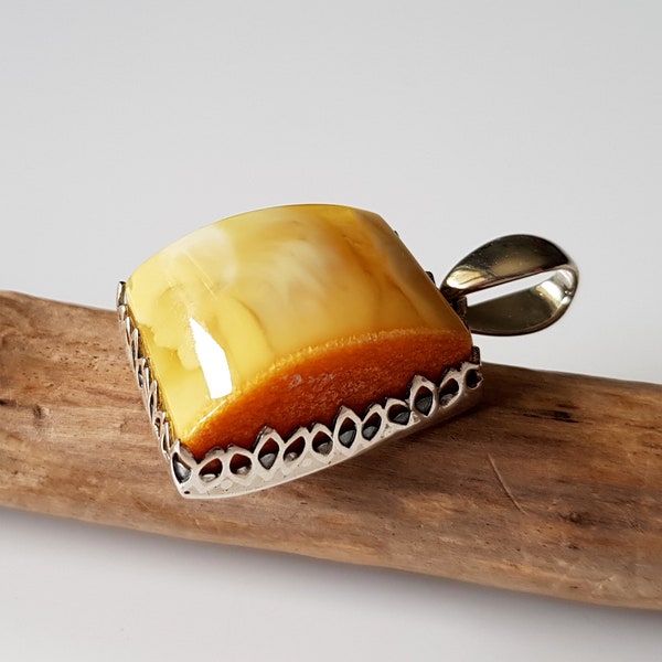 Solid Baltic amber pendant, White-yellow amber pendant, Opaque amber sterling silver pendant, Amber rectangular pendant, Untreated amber