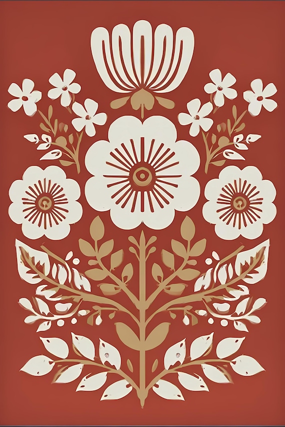 15 Scandinavian Nordic Floral Patterns Brick Red Background