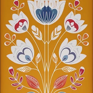 May include: A floral design on a mustard yellow background. The stylized flowers are white with blue and red accents. The leaves are red, blue, and orange. The design is symmetrical and has a folk art style.