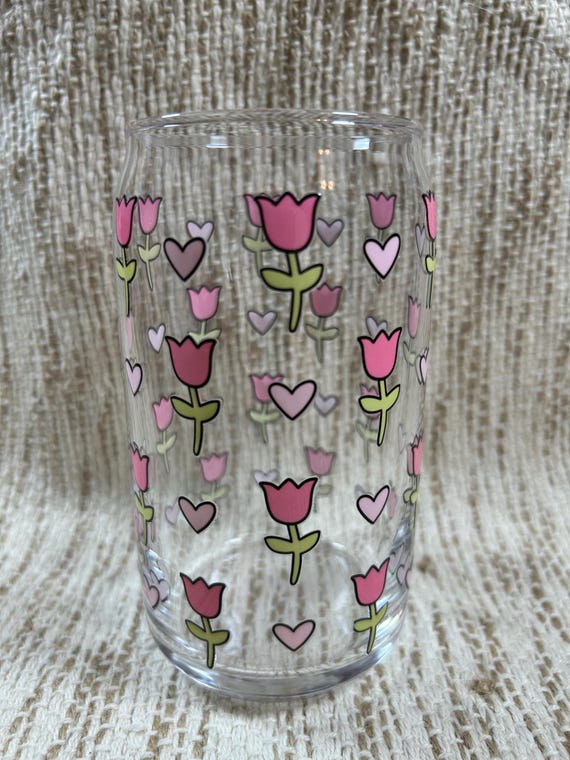 Cute Pink Tulips 16oz Glass Tumbler