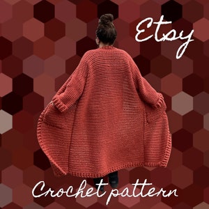 May include: A crochet pattern for a long, rust-coloured cardigan with a loose fit. The pattern is available on Etsy.