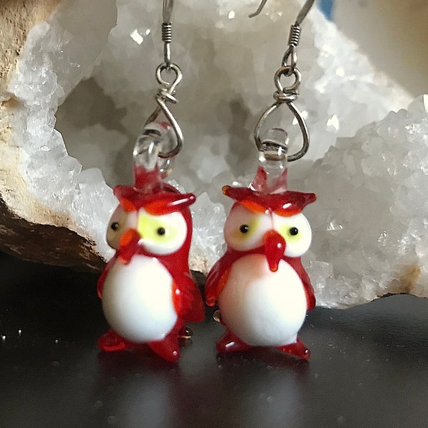 Glass Owl Earrings on Sterling Silver Earwire - Super Cute!