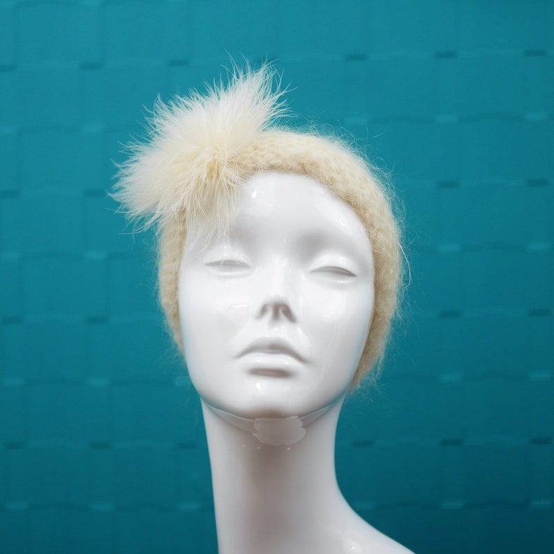 Made in England Marabou Trim Feather Detail Vintage 1970s CreamWhite MohairWool Hat by Lolita Sena Christmas Beanie Wooly Hat