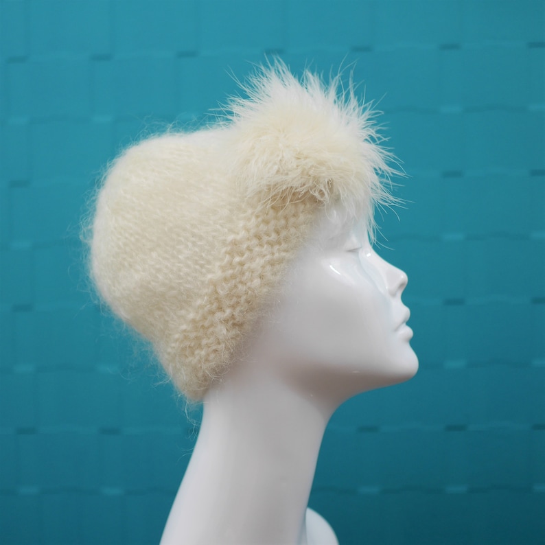 Made in England Marabou Trim Feather Detail Vintage 1970s CreamWhite MohairWool Hat by Lolita Sena Christmas Beanie Wooly Hat