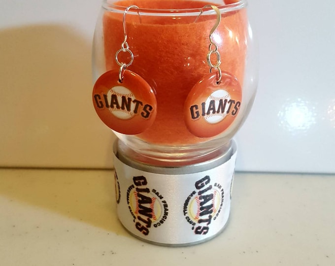 SF Giants Baseball dangle earrings with orange background, 1in round.