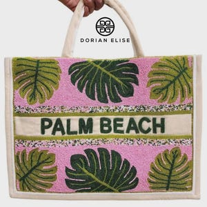 Palm Beach Beaded Tote Bag, Custom Canvas Jute Beach Tote, Personalized Seed Bead Tote, Monogram Beaded Beach Bag, Vacation Tote