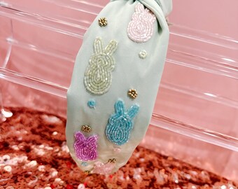 Bandeau de lapin de Pâques embelli peep femme, coeur rose noué, bandeau de vacances de luxe