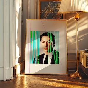 Keanu Reeves - actor icon, bold neon blue-green art print, retro aesthetic, abstract, cinematic, contemporary, classic, devil&#39;s advocate